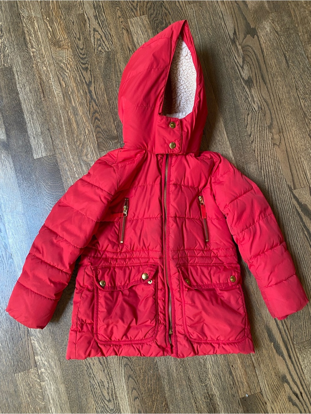 J. Crew Kids Red Hooded Puffer Jacket with Sherpa Lining size S